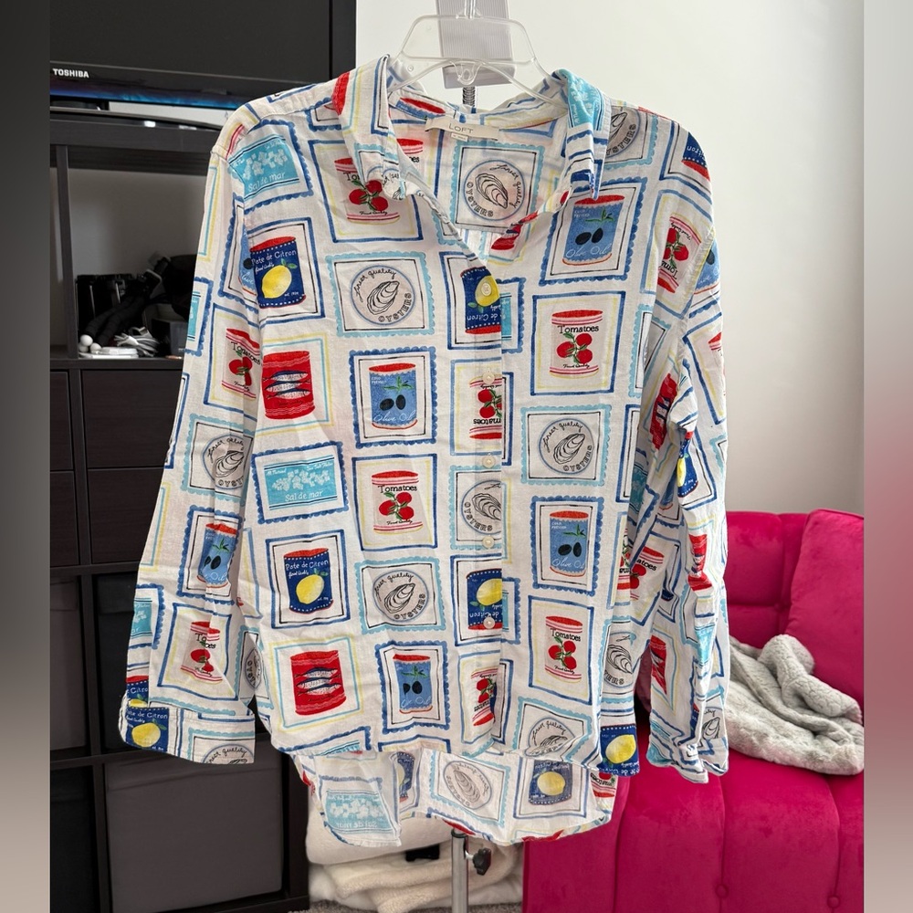 LOFT - soft linen button-down relaxed shirt with can print - size XL